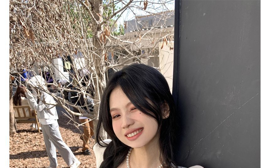 Knit Top Slim-Fit Square-Neck Puff-Sleeve