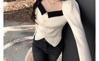 Knit Top Slim-Fit Square-Neck Puff-Sleeve