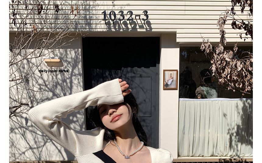 Knit Top Slim-Fit Square-Neck Puff-Sleeve