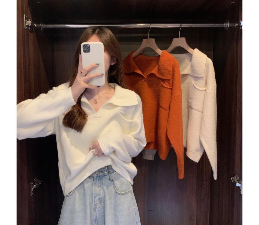 Loose-Fit Plain Sweater V-Neck