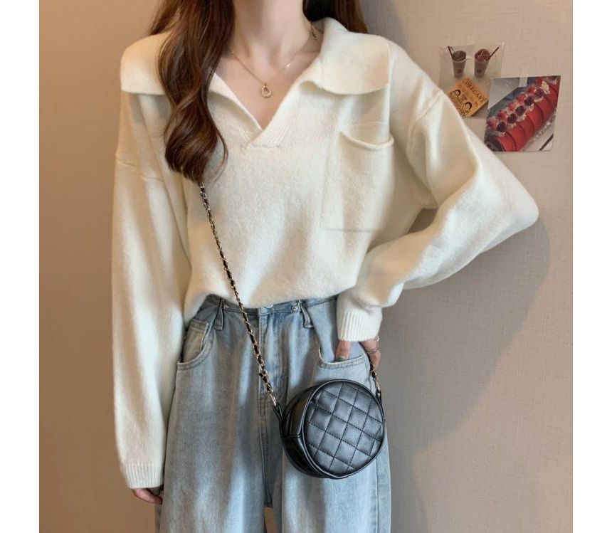 Loose-Fit Plain Sweater V-Neck