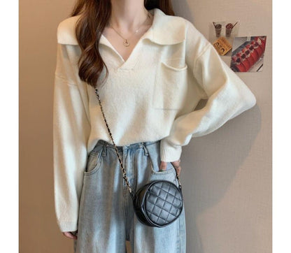 Loose-Fit Plain Sweater V-Neck