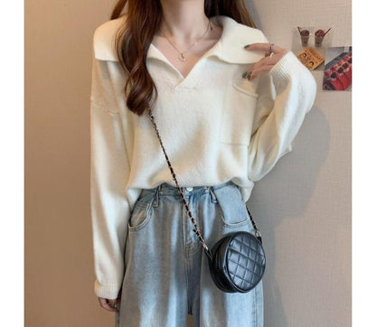 Loose-Fit Plain Sweater V-Neck