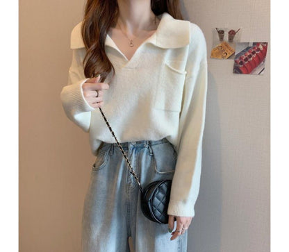 Loose-Fit Plain Sweater V-Neck