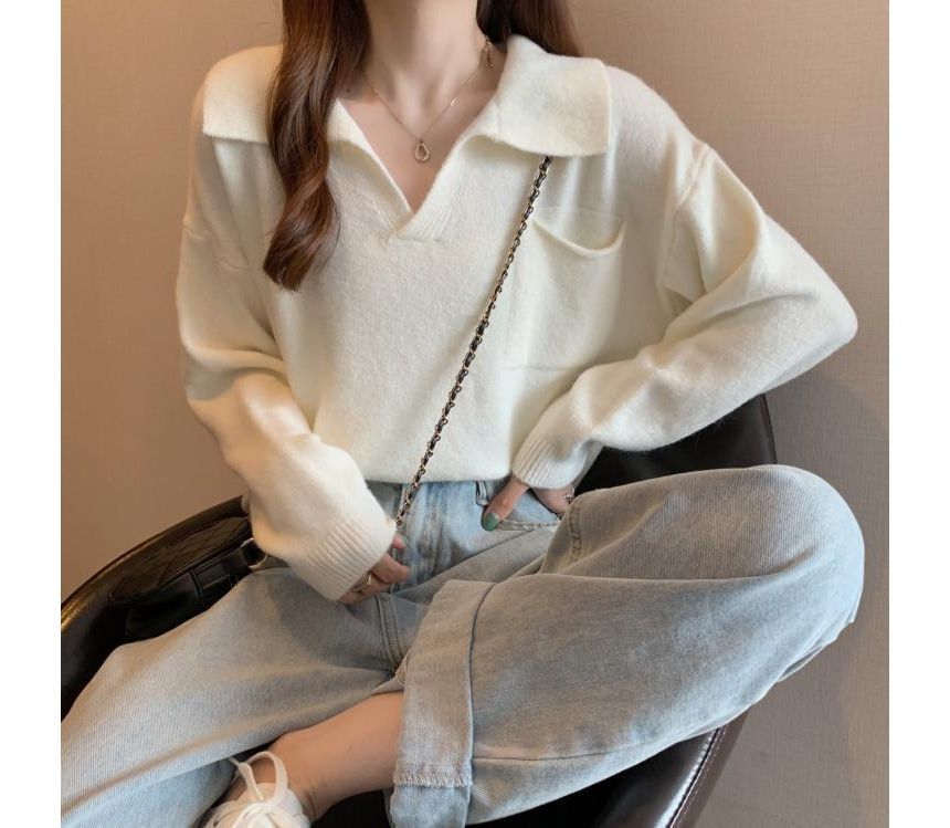 Loose-Fit Plain Sweater V-Neck