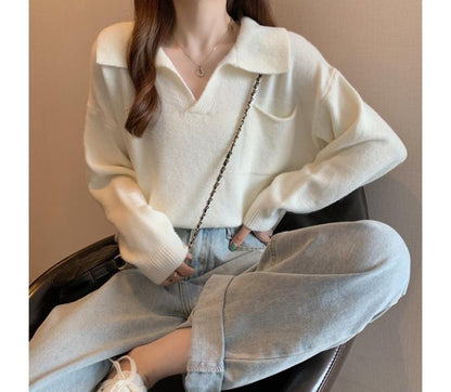 Loose-Fit Plain Sweater V-Neck