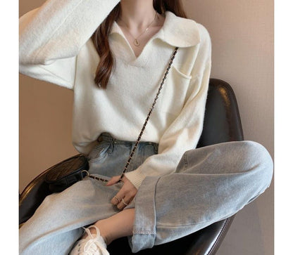 Loose-Fit Plain Sweater V-Neck