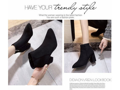 Pointed Heel Chunky Boots Ankle