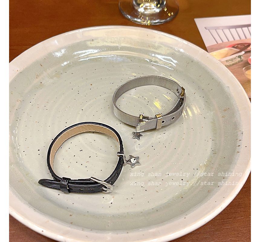 Leather Buckled Bracelet Faux Star Alloy Pendant /