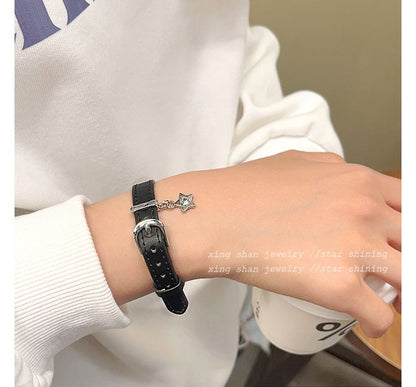 Leather Buckled Bracelet Faux Star Alloy Pendant /