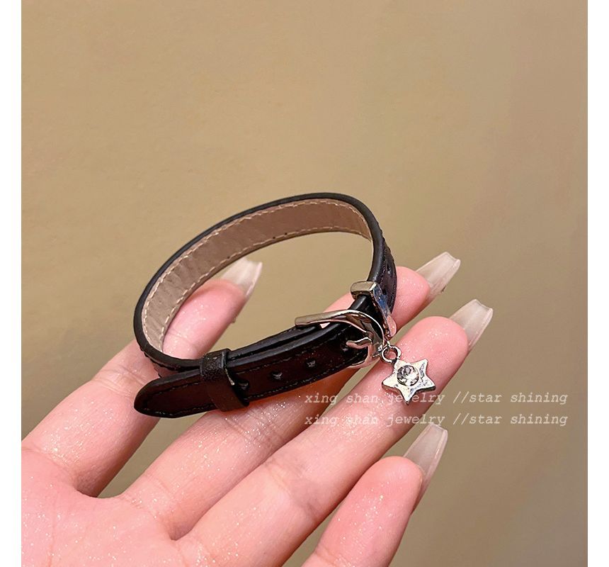 Leather Buckled Bracelet Faux Star Alloy Pendant /