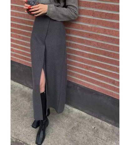 High Rise Plain Asymmetrical Slit Maxi Pencil Skirt