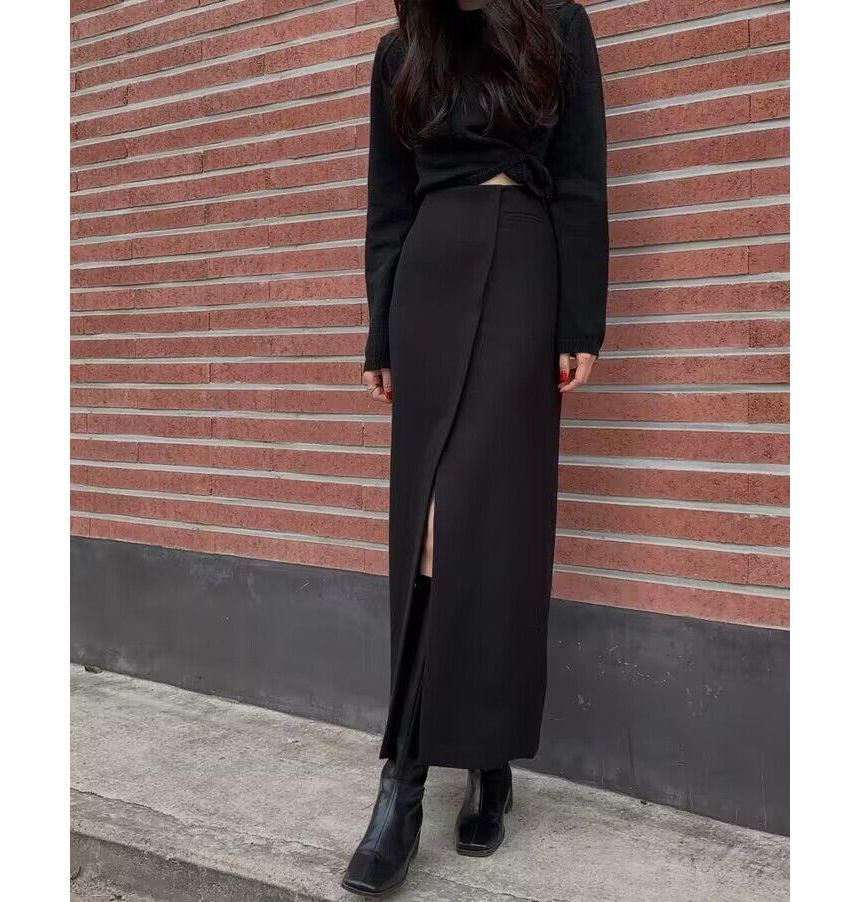 High Rise Plain Asymmetrical Slit Maxi Pencil Skirt