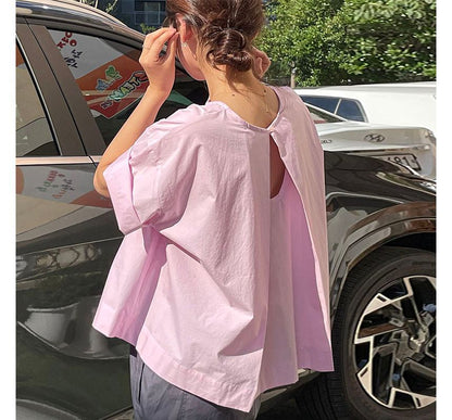 Short-Sleeve Crew Neck Plain Open Back Blouse