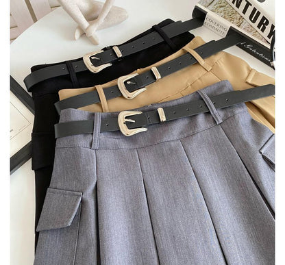 Set: High Waist Plain Pleated Mini A-Line Cargo Skirt + Faux Leather Belt