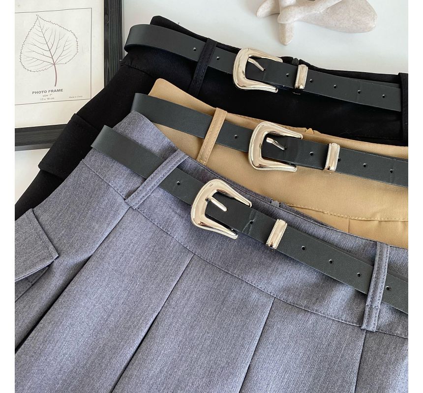 Set: High Waist Plain Pleated Mini A-Line Cargo Skirt + Faux Leather Belt