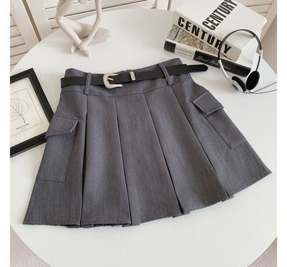 Set: High Waist Plain Pleated Mini A-Line Cargo Skirt + Faux Leather Belt