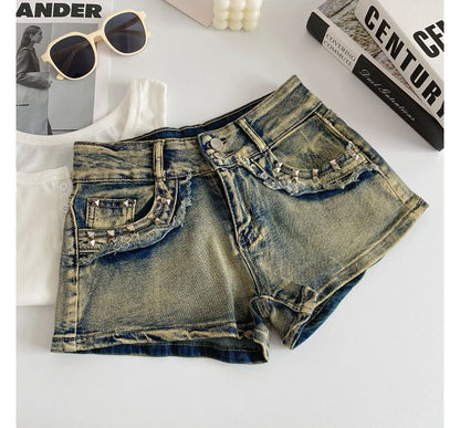 High Waist Washed Studded Denim Shorts