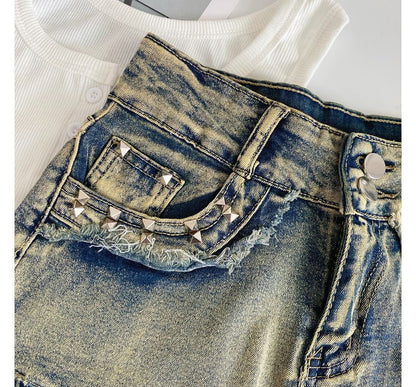 High Waist Washed Studded Denim Shorts