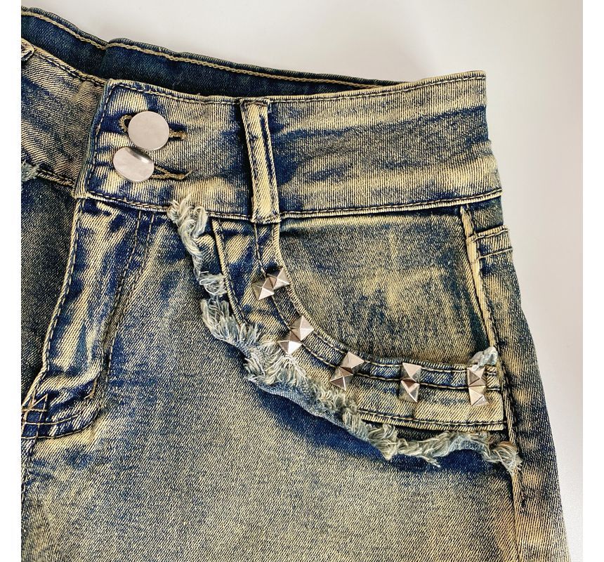 High Waist Washed Studded Denim Shorts