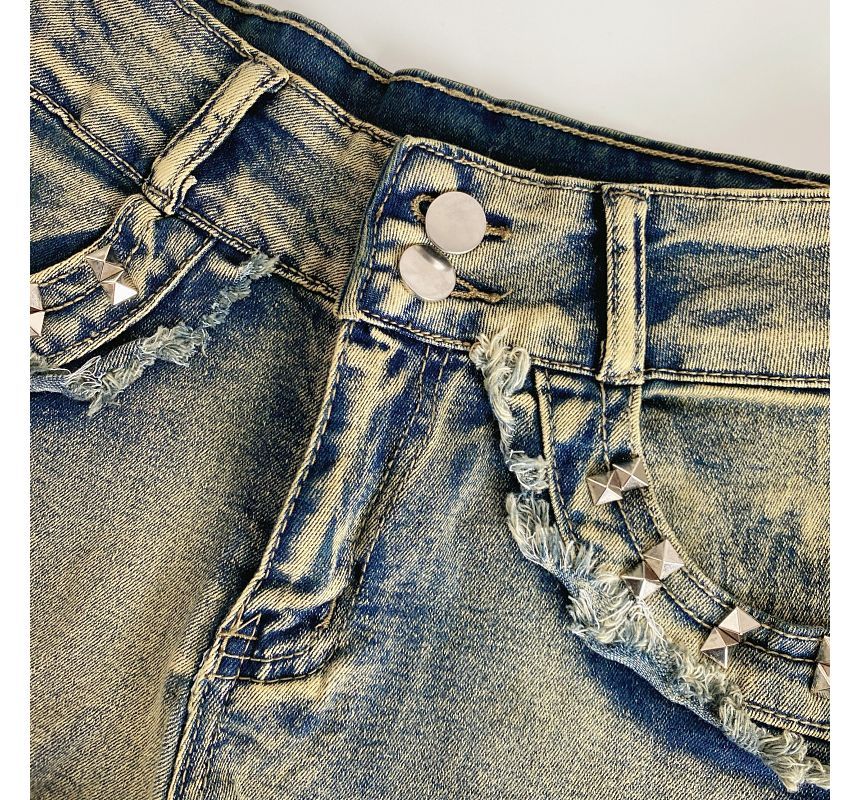 High Waist Washed Studded Denim Shorts