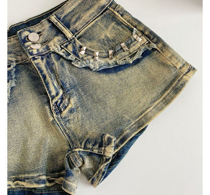 High Waist Washed Studded Denim Shorts