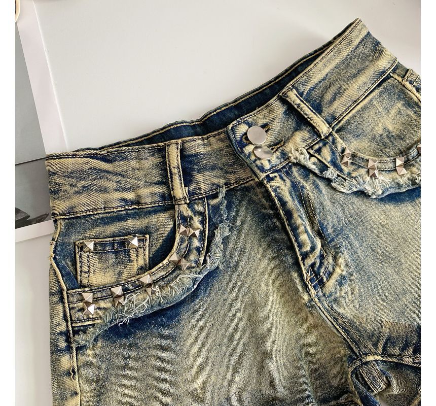 High Waist Washed Studded Denim Shorts