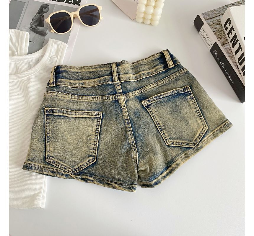 High Waist Washed Studded Denim Shorts