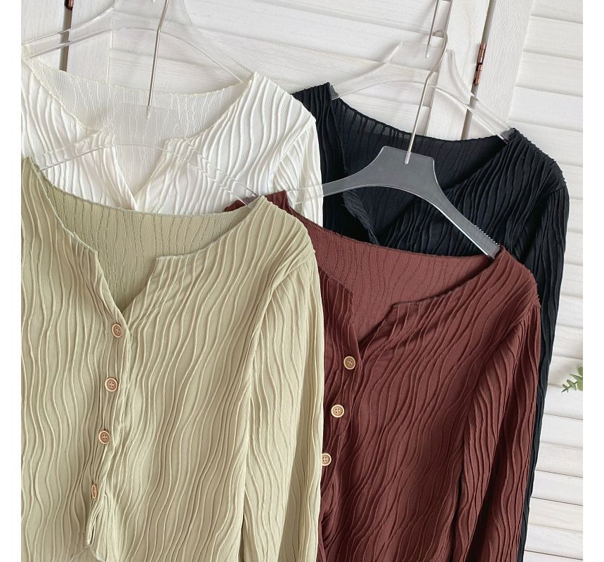 Long-Sleeve Plain Shirred Button-Up Blouse