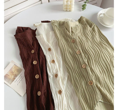 Long-Sleeve Plain Shirred Button-Up Blouse