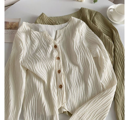 Long-Sleeve Plain Shirred Button-Up Blouse