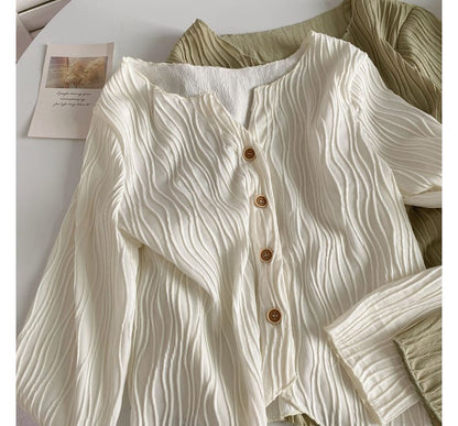 Long-Sleeve Plain Shirred Button-Up Blouse