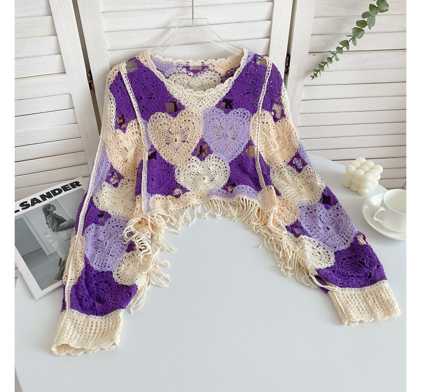 Long-Sleeve V-Neck Heart Print Tasseled Crop Pointelle Knit Top