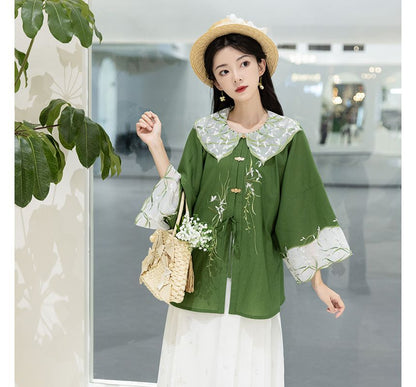 Traditional Chinese Set: 3/4-Sleeve Collared Embroidered Print Panel Tie Front Blouse + High Rise Pleated Maxi A-Line Skirt