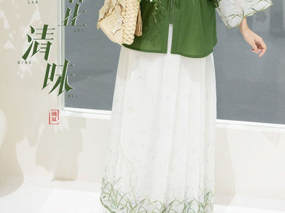 Traditional Chinese Set: 3/4-Sleeve Collared Embroidered Print Panel Tie Front Blouse + High Rise Pleated Maxi A-Line Skirt