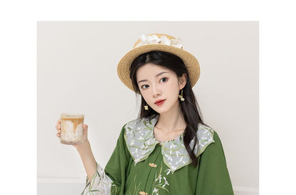 Traditional Chinese Set: 3/4-Sleeve Collared Embroidered Print Panel Tie Front Blouse + High Rise Pleated Maxi A-Line Skirt