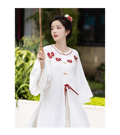 Traditional Chinese Long-Sleeve Crew Neck Embroidered Eyelet Lace Trim Long Blouse / High Waist Pleated Maxi A-Line Skirt / Plain Camisole Top / Costume Charm / Set