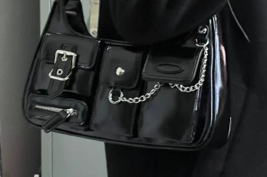 Faux Leather Buckled Chained Shoulder Bag