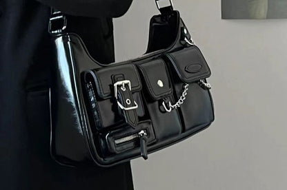 Faux Leather Buckled Chained Shoulder Bag