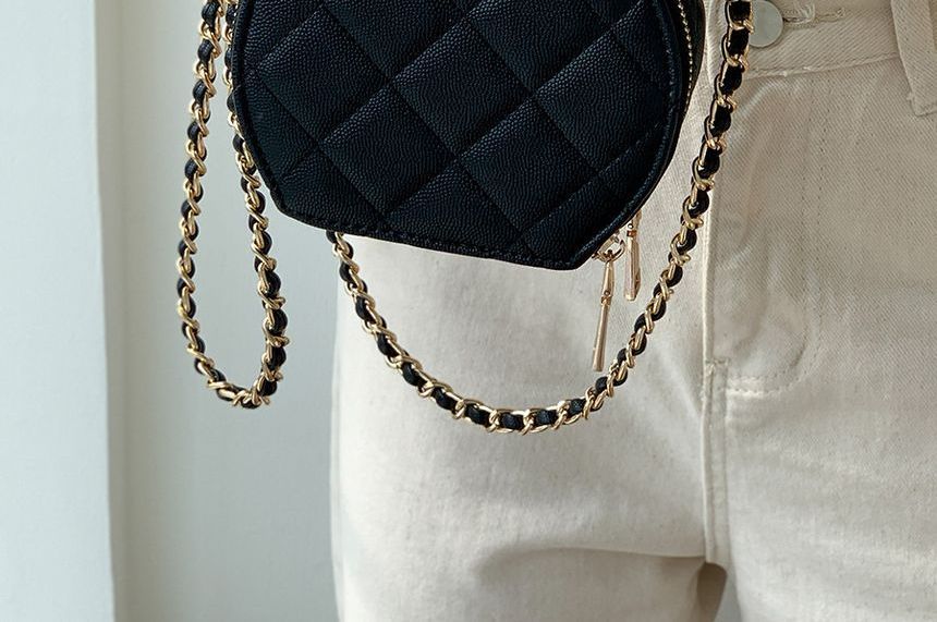 Faux Leather Quilted Round Crossbody Bag