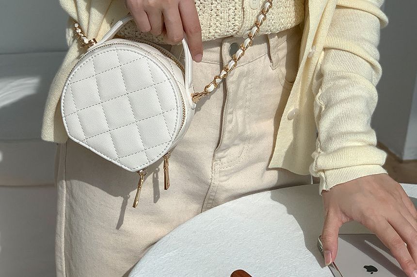 Faux Leather Quilted Round Crossbody Bag