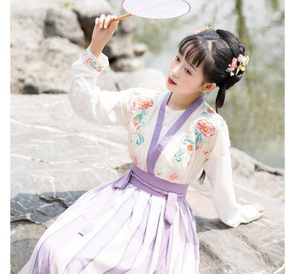 Flower embroidered Hanfu Vest / Blouse / High Waist Floral Maxi A