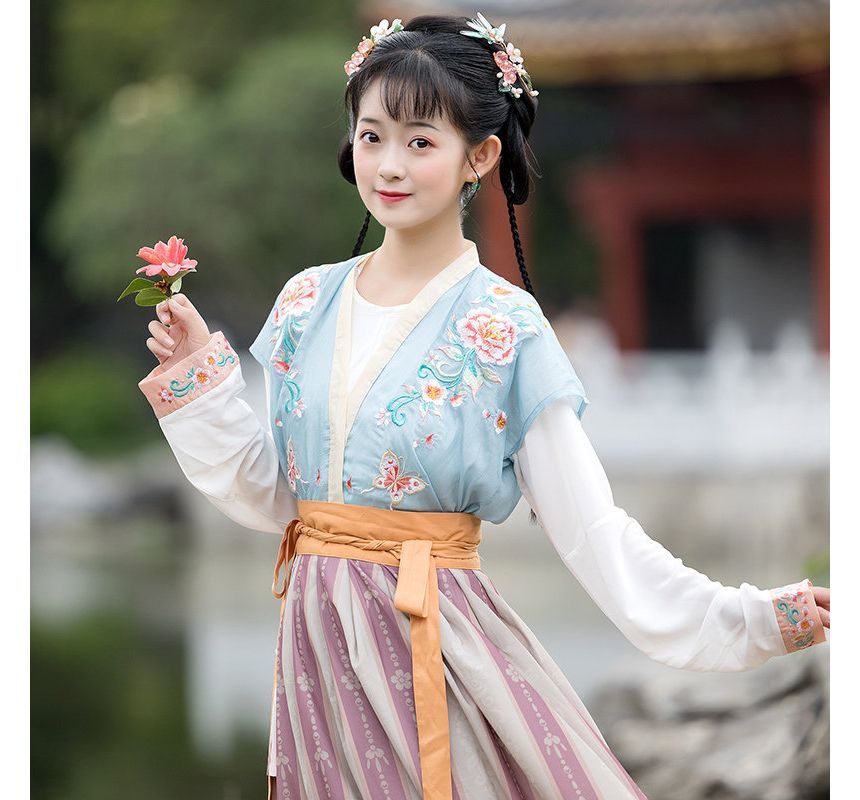 Flower embroidered Hanfu Vest / Blouse / High Waist Floral Maxi A