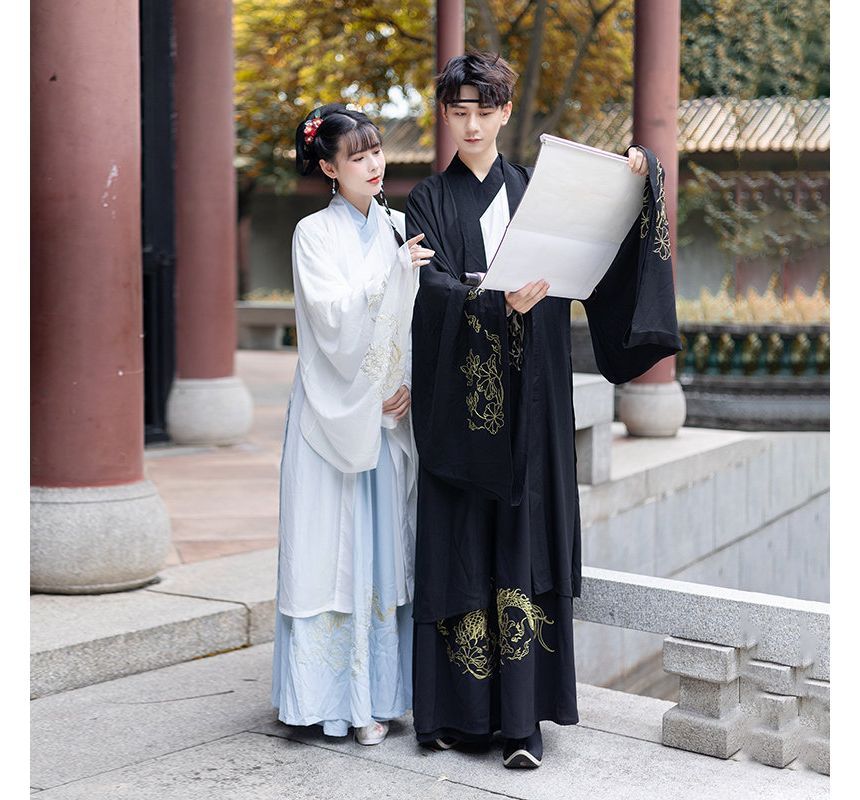 Couple Matching Embroidered Hanfu Jacket / Blouse / High Waist Maxi A