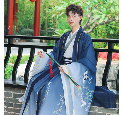 Crane Embroidered Hanfu Jacket / Patterned Blouse / High Waist Chinese Character Print Maxi A