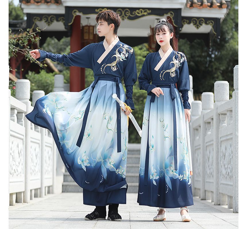 Couple Matching Flower Embroidered Hanfu Costume Set