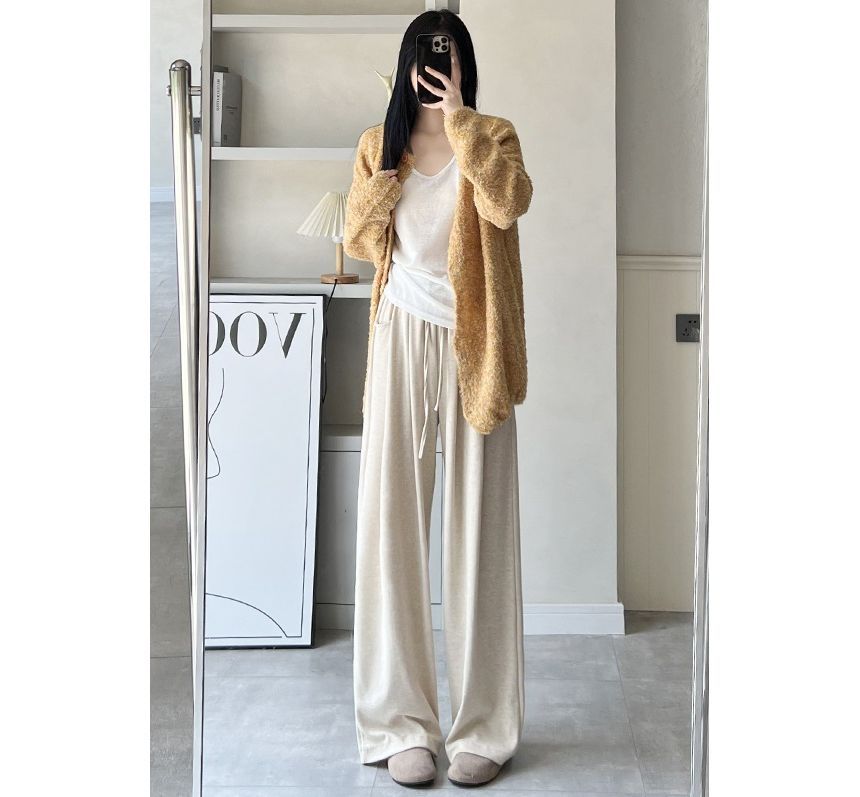 High Rise Drawstring Pocketed Drape Knit Wide Leg Plain Sweatpants