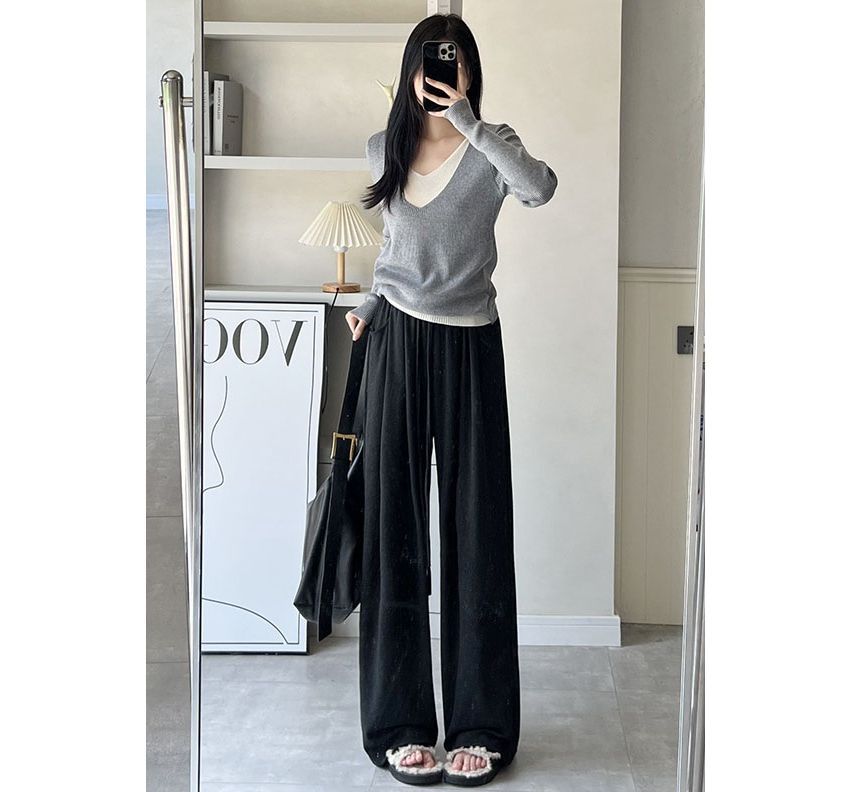 High Rise Drawstring Pocketed Drape Knit Wide Leg Plain Sweatpants