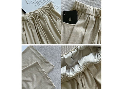 High Rise Drawstring Pocketed Drape Knit Wide Leg Plain Sweatpants