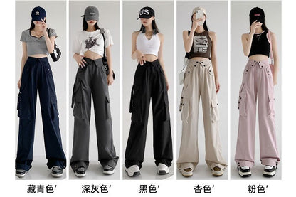 Waist Detailed Pocketed High Waist Plain Wide Leg Cargo Pants